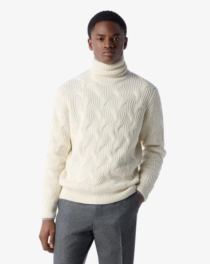 Corneliani Knitwear White Cashmere Turtleneck Jumper With All Over Stitching 8211 Men