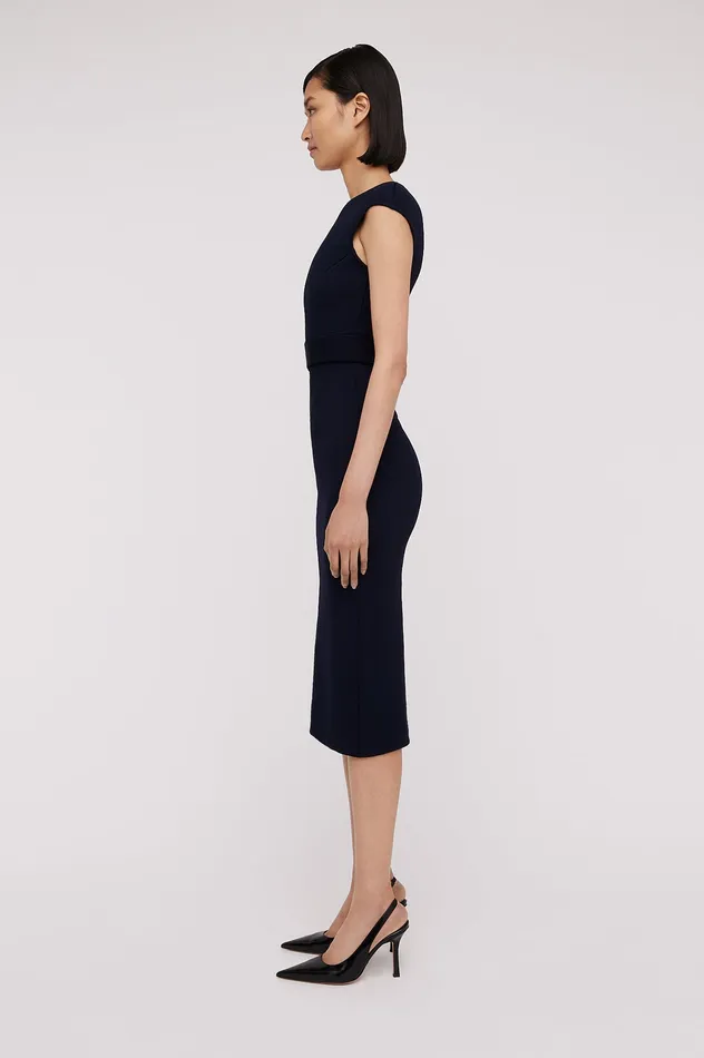 CREPE KNIT CAP SLEEVE DRESS NAVY Dresses Scanlan Theodore Women CREPE KNIT CAP SLEEVE DRESS NAVY Dresses Scanlan Theodore Women