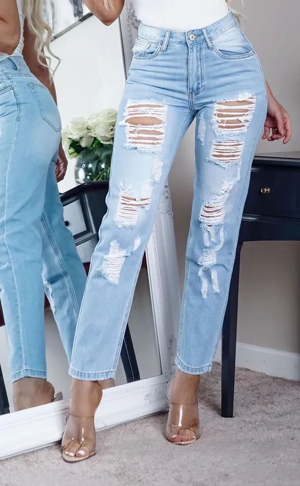 Doreen Light Blue Waisted Multi Ripped Skinny Jeans Women Missfiga Ripped Jeans