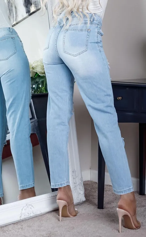 Doreen Light Blue Waisted Multi Ripped Skinny Jeans Women Missfiga Ripped Jeans