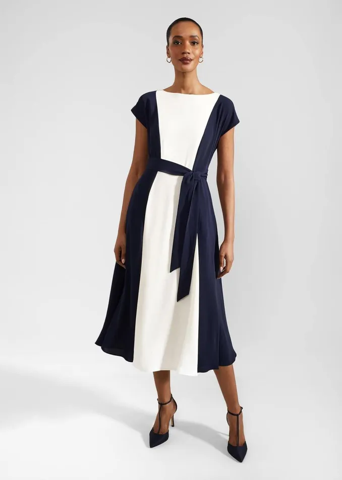 Dresses and Jumpsuits Women HOBBS Emery Tie Belted Midi Dress Navy Cream