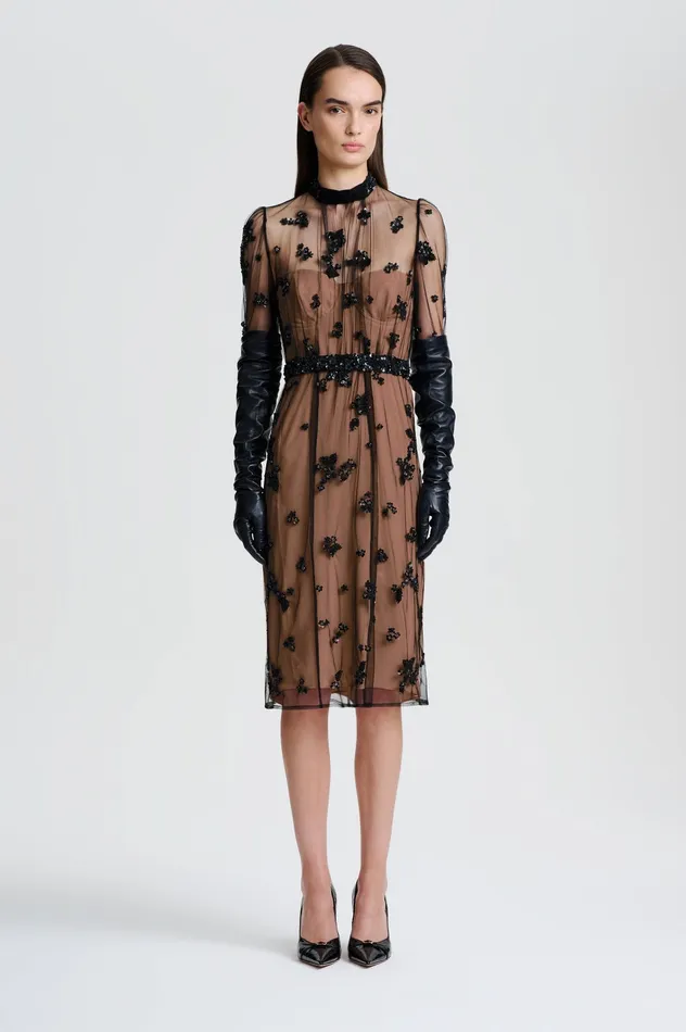 Dresses Scanlan Theodore Women BEADED TULLE DRESS BLACK