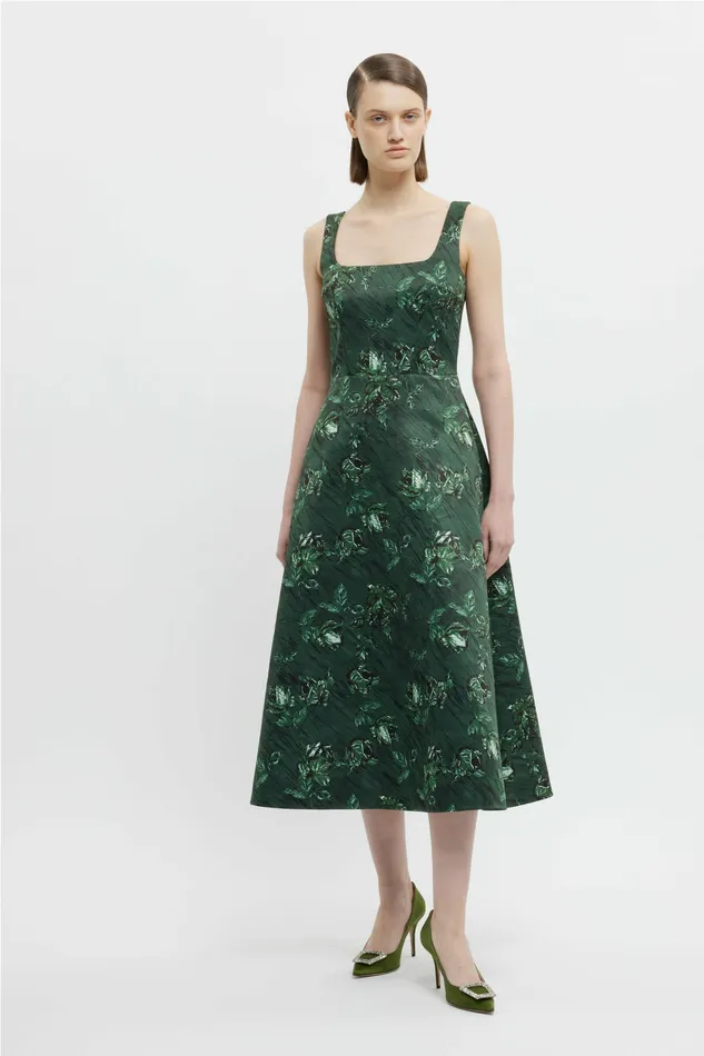 Dresses Women Emilia Wickstead Shiloh Dress In Green Roses On Marble Print Taffeta Faille Dresses Women Emilia Wickstead Shiloh Dress In Green Roses On Marble Print Taffeta Faille