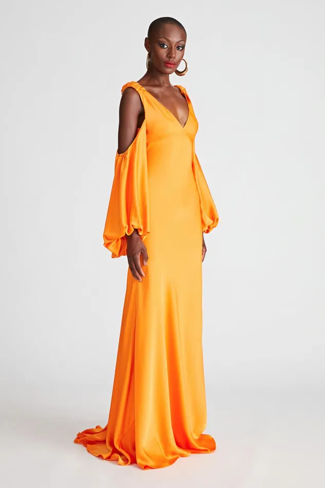 Dresses Women Halston Binnie Gown In Satin Tangerine