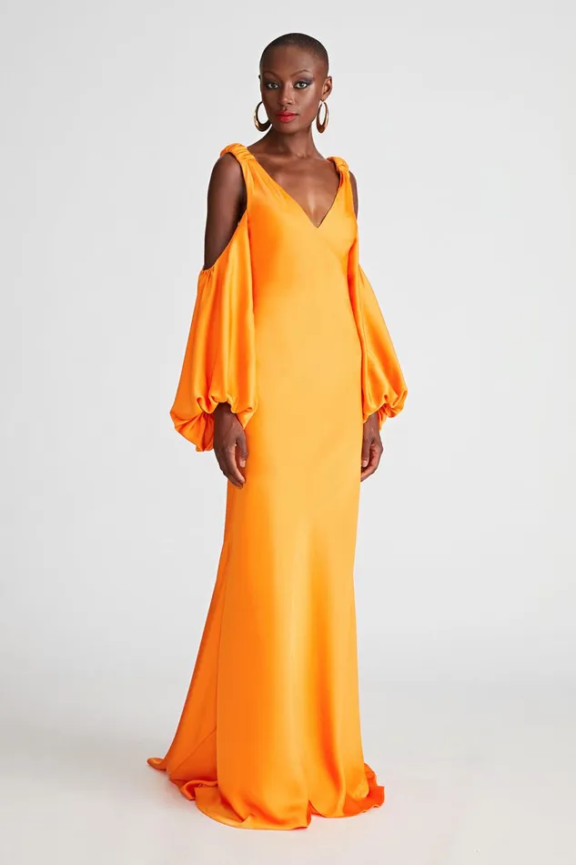 Dresses Women Halston Binnie Gown In Satin Tangerine