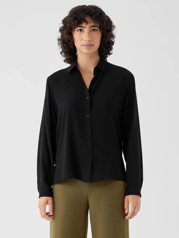 Eileen Fisher Petite Silk Georgette Crepe Classic Collar Shirt Black 8211 Shop