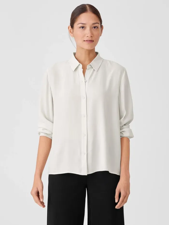 Eileen Fisher Petite Silk Georgette Crepe Classic Collar Shirt Bone 8211 Shop
