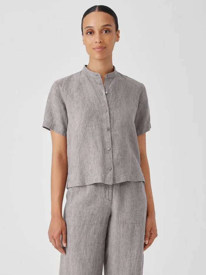 Eileen Fisher Petite Washed Organic Linen Dlav Band Collar Shirt Stone 8211 Shop