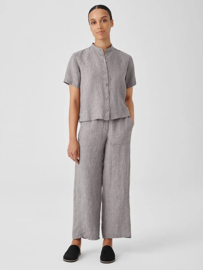 Eileen Fisher Petite Washed Organic Linen Dlav Band Collar Shirt Stone 8211 Shop