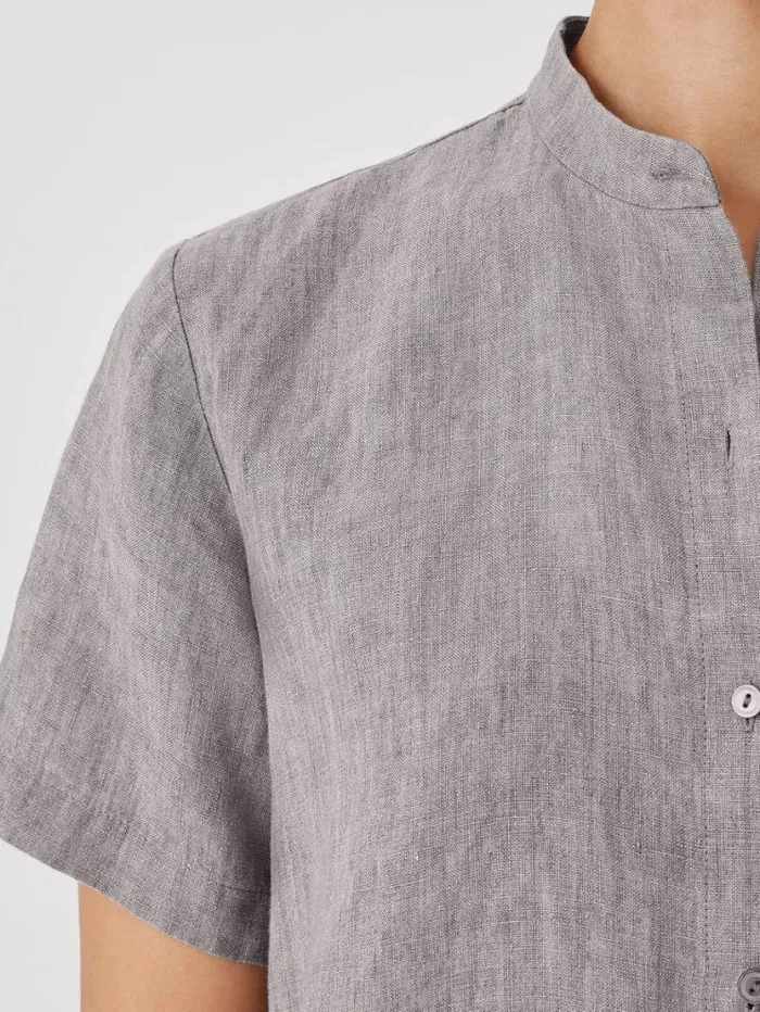 Eileen Fisher Petite Washed Organic Linen Dlav Band Collar Shirt Stone 8211 Shop