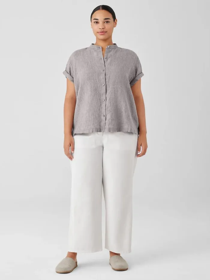 Eileen Fisher Petite Washed Organic Linen Dlav Band Collar Shirt Stone 8211 Shop