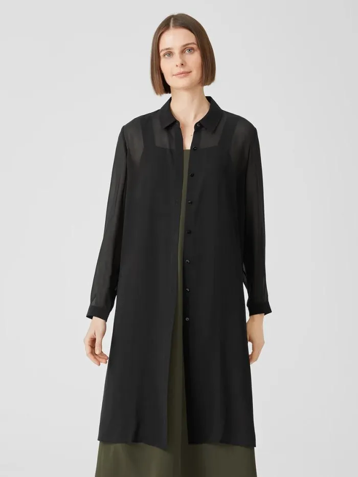 Eileen Fisher Tops and Tees Sheer Silk Georgette Classic Collar Long Shirt Black 8211 Shop