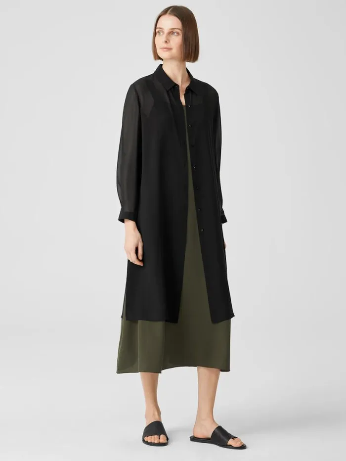 Eileen Fisher Tops and Tees Sheer Silk Georgette Classic Collar Long Shirt Black 8211 Shop