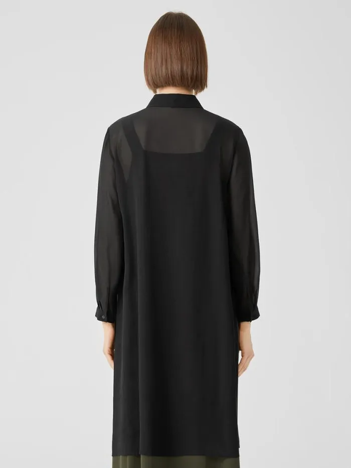 Eileen Fisher Tops and Tees Sheer Silk Georgette Classic Collar Long Shirt Black 8211 Shop