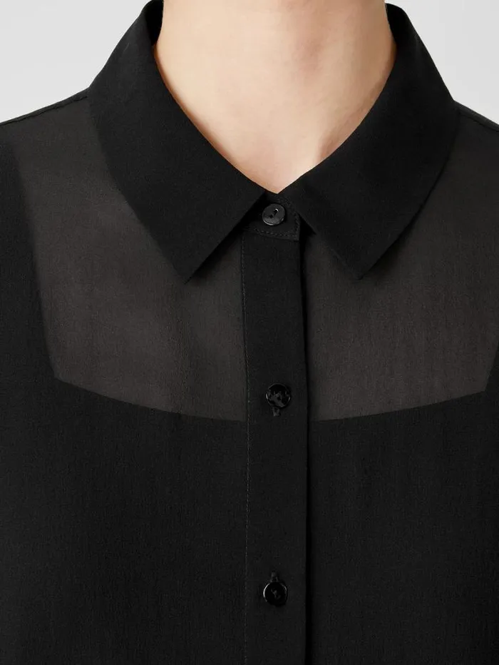 Eileen Fisher Tops and Tees Sheer Silk Georgette Classic Collar Long Shirt Black 8211 Shop
