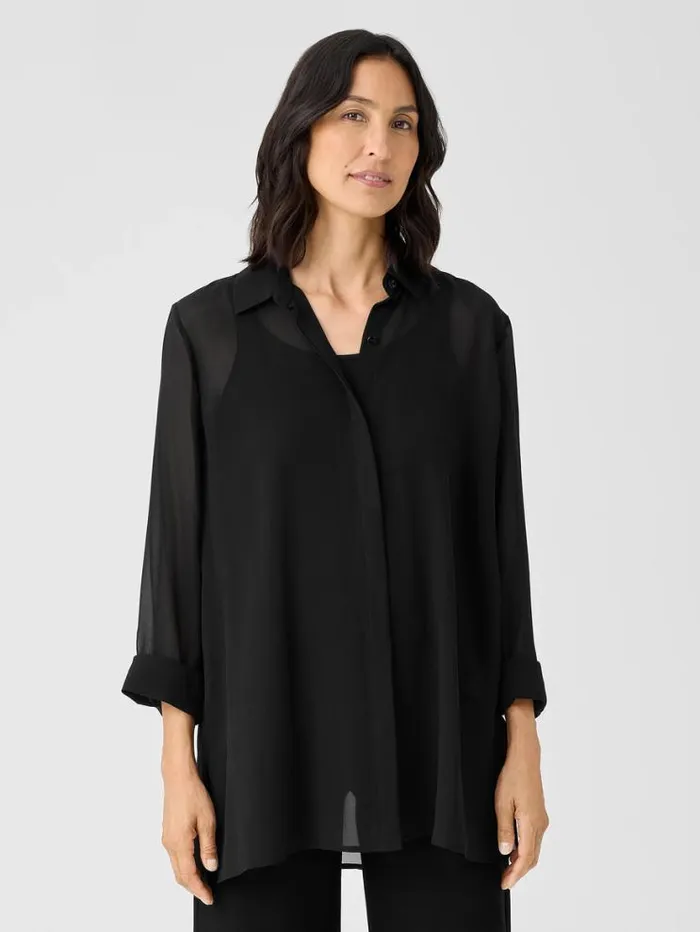 Eileen Fisher Tops and Tees Sheer Silk Georgette Classic Collar Shirt Black 8211 Shop