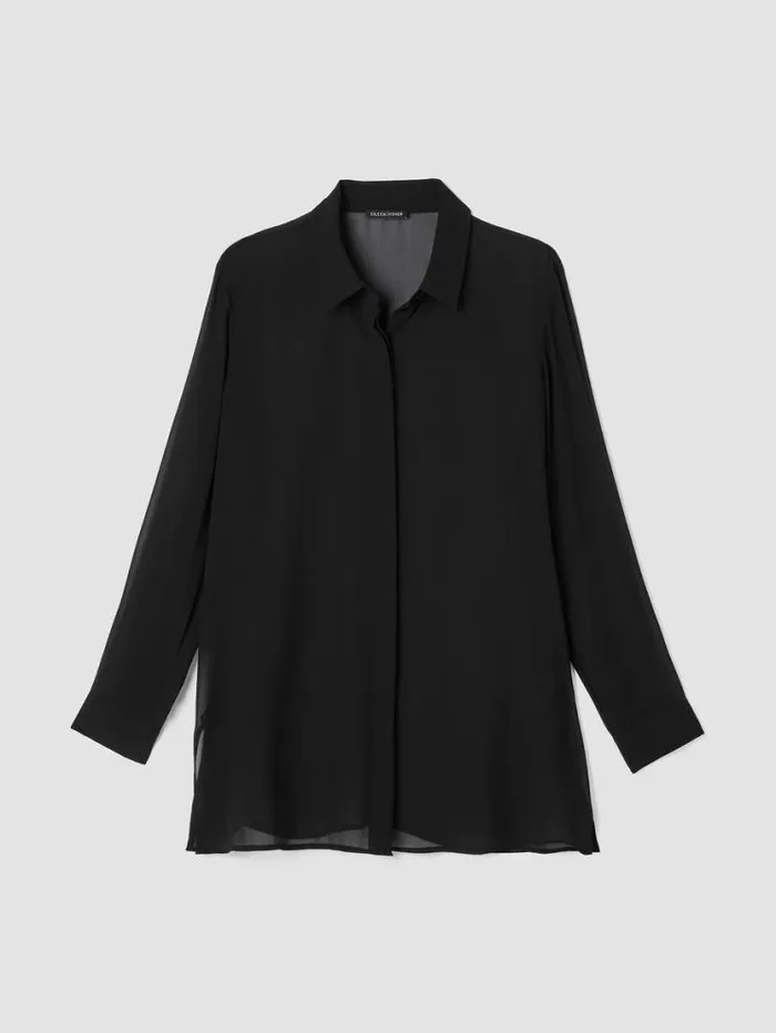 Eileen Fisher Tops and Tees Sheer Silk Georgette Classic Collar Shirt Black 8211 Shop