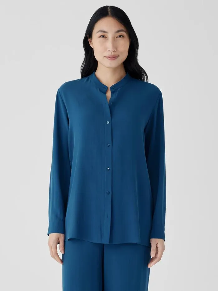 Eileen Fisher Tops and Tees Silk Georgette Crepe Band Collar Shirt Atlantis 8211 Shop