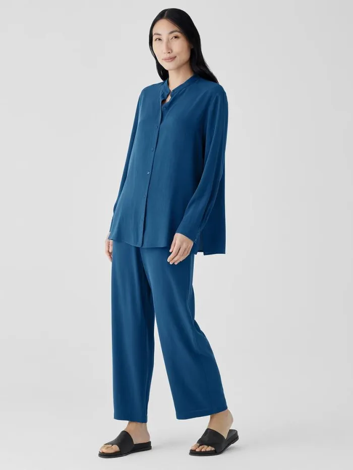 Eileen Fisher Tops and Tees Silk Georgette Crepe Band Collar Shirt Atlantis 8211 Shop