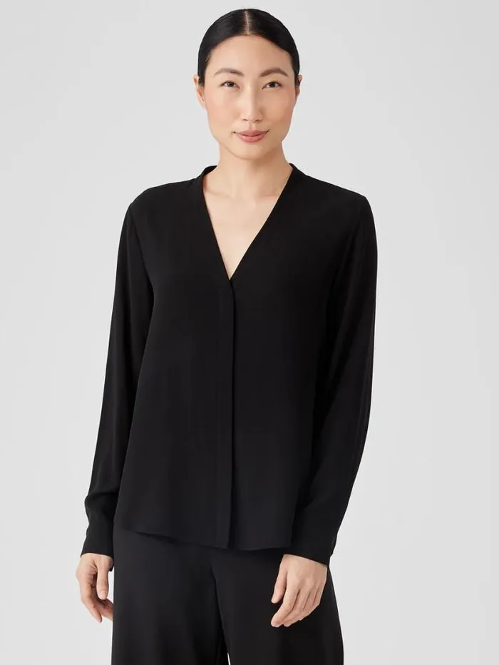 Eileen Fisher Tops and Tees Silk Georgette Crepe VNeck Shirt Black 8211 Shop