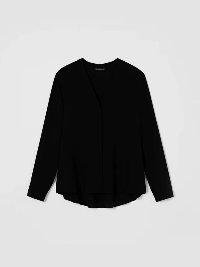 Eileen Fisher Tops and Tees Silk Georgette Crepe VNeck Shirt Black 8211 Shop