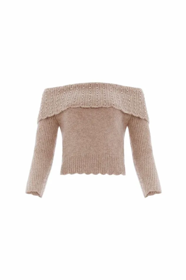 Embellished Bardot Jumper Beige Women Needle and Thread Knitwear