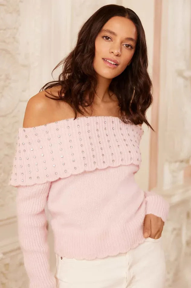Embellished Bardot Jumper Pink Women Needle and Thread Knitwear