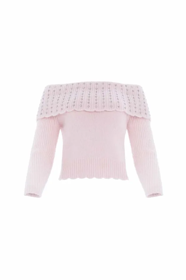 Embellished Bardot Jumper Pink Women Needle and Thread Knitwear