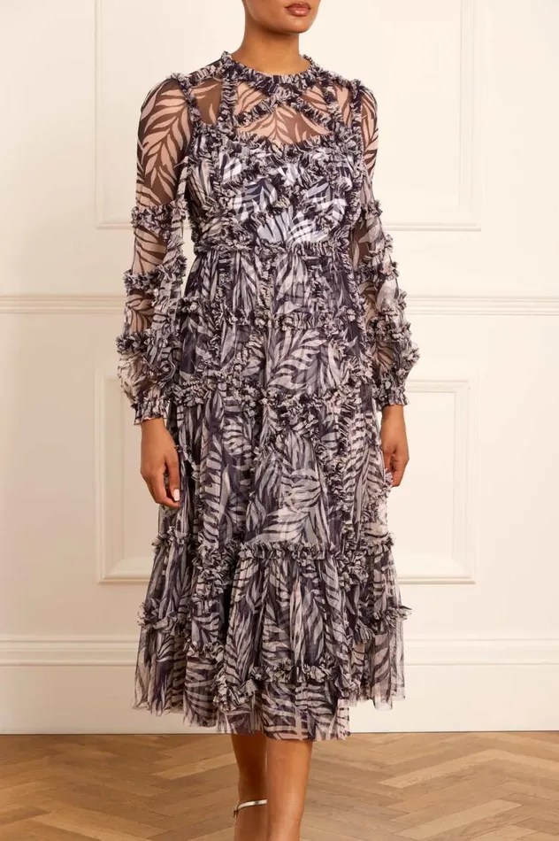 Feather Ruffle Ballerina Dress Blue Women Needle and Thread Dresses