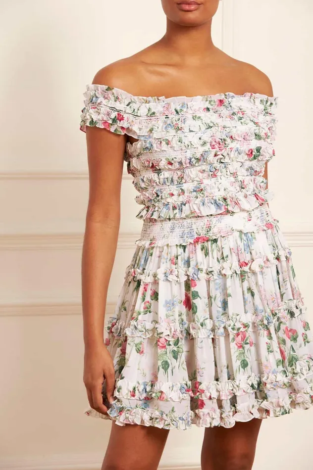 Floral Fantasy Chiffon Smocked Micro Mini Skirt Multi Women Needle and Thread Skirts