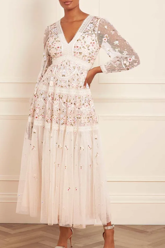 Garland Ribbon Ankle Gown Champagne Women Needle and Thread Dresses