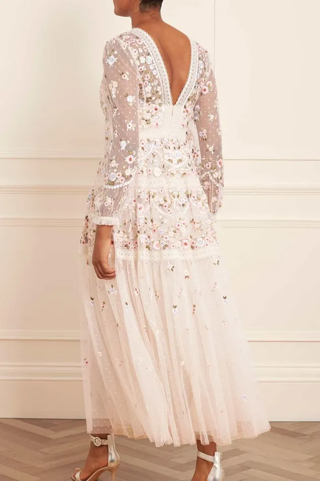 Garland Ribbon Ankle Gown Champagne Women Needle and Thread Dresses