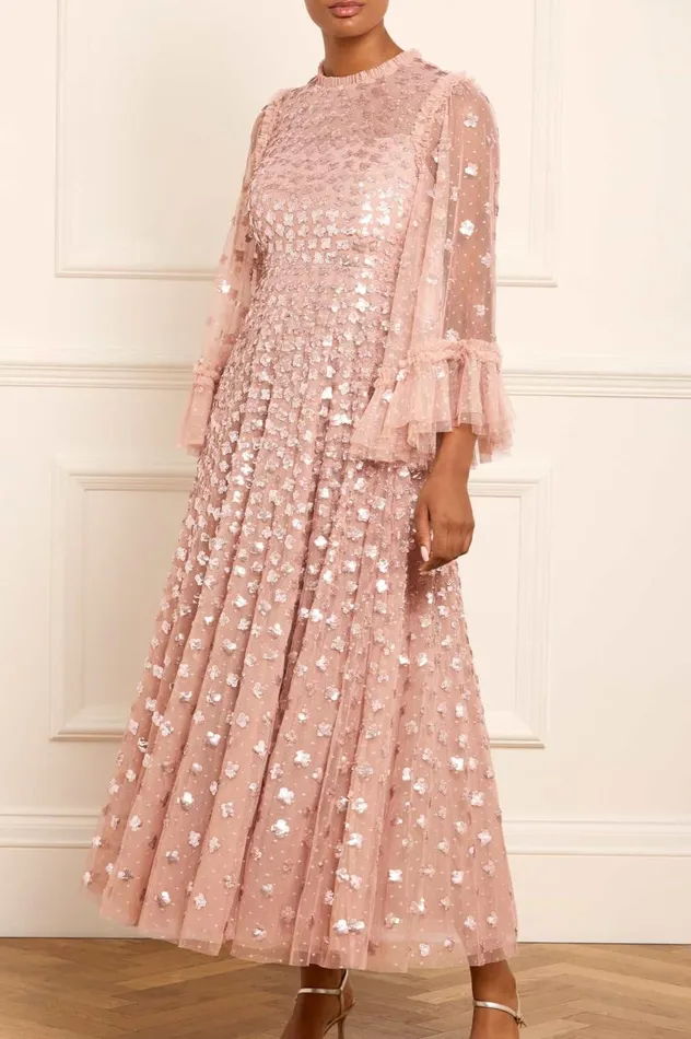 Glisten Long Sleeve Ankle Gown Pink Women Needle and Thread Dresses