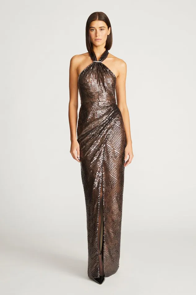 Gowns Women Halston Umbra Gown In Lace Sequin Umber