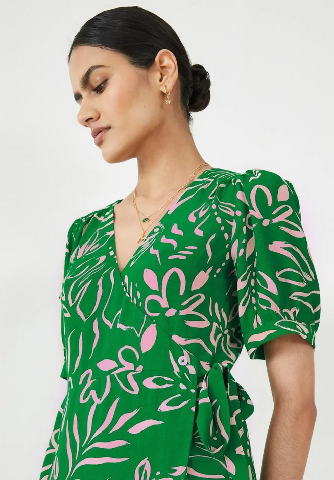 Hush Dresses Women Caitlyn Wrap Mini Dress Painted Tropical Flower Green Hush Dresses Women Caitlyn Wrap Mini Dress Painted Tropical Flower Green