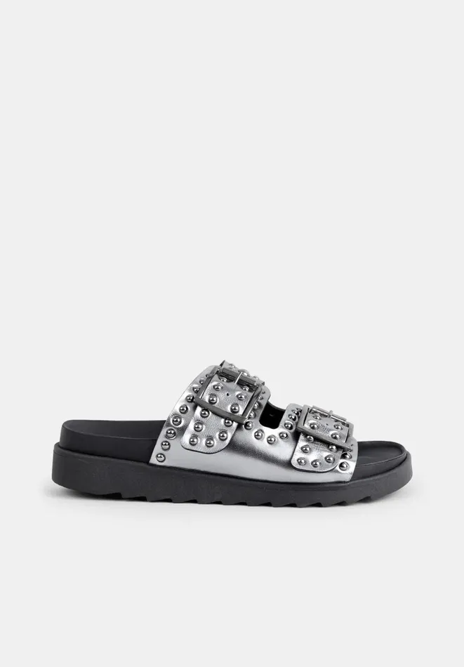 Hush Flats Women Kapalua Leather Studded Sandals Pewter