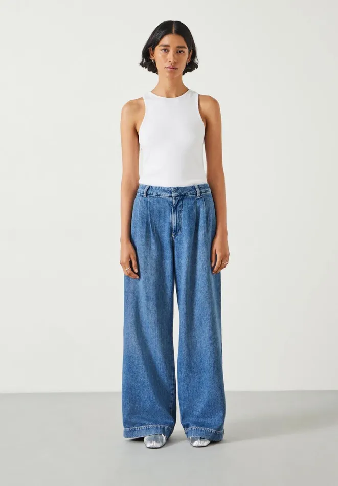 Hush Jeans Women Lya Pleated Wide Leg Jeans Mid Authentic Blue