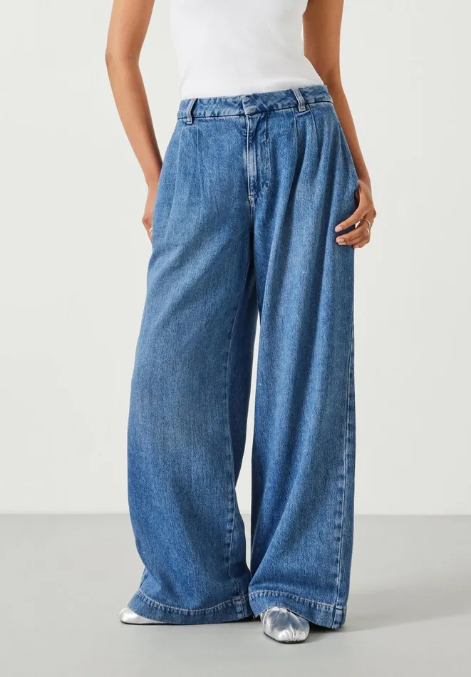 Hush Jeans Women Lya Pleated Wide Leg Jeans Mid Authentic Blue