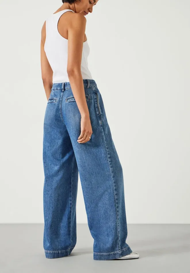Hush Jeans Women Lya Pleated Wide Leg Jeans Mid Authentic Blue