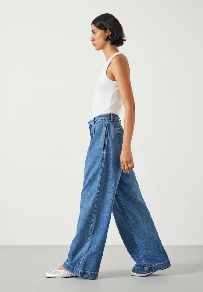 Hush Jeans Women Lya Pleated Wide Leg Jeans Mid Authentic Blue