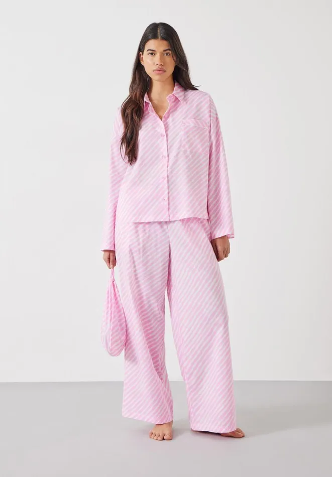 Hush Pyjamas and Nightwear Women Kirby Cotton Wide Leg Pyjamas Set Diagonal Stripe Pink