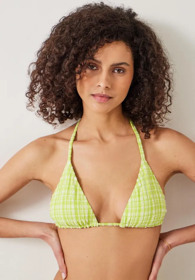 Hush Swimwear and Beachwear Women Tilly Check Triangle Crinkle Bikini Top Lime Check