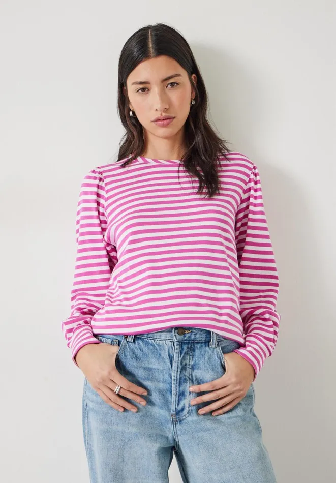 Hush Tops and Tshirts Women Emily Cotton Striped Puff Sleeve Top Vibrant Pink
