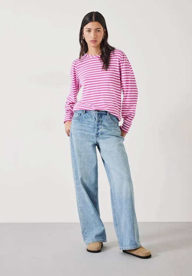 Hush Tops and Tshirts Women Emily Cotton Striped Puff Sleeve Top Vibrant Pink Hush Tops and Tshirts Women Emily Cotton Striped Puff Sleeve Top Vibrant Pink