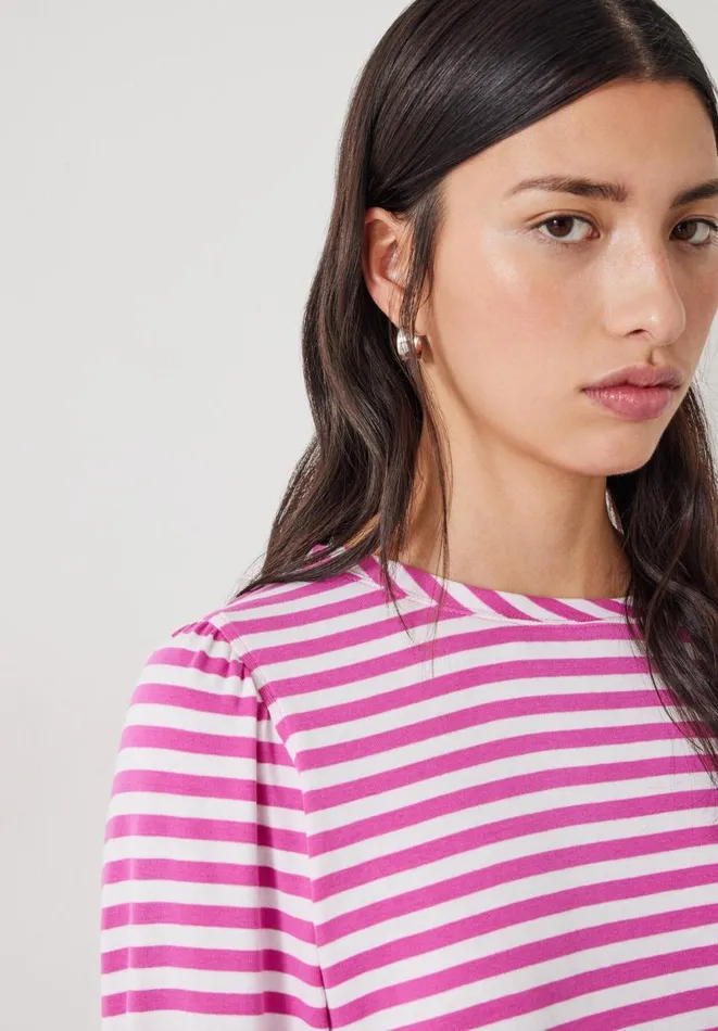 Hush Tops and Tshirts Women Emily Cotton Striped Puff Sleeve Top Vibrant Pink Hush Tops and Tshirts Women Emily Cotton Striped Puff Sleeve Top Vibrant Pink