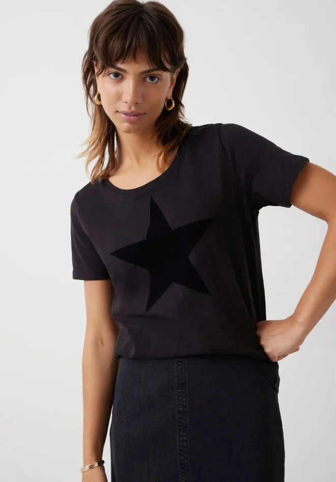 Hush Tops and Tshirts Women Flock Star Cotton T Shirt Black