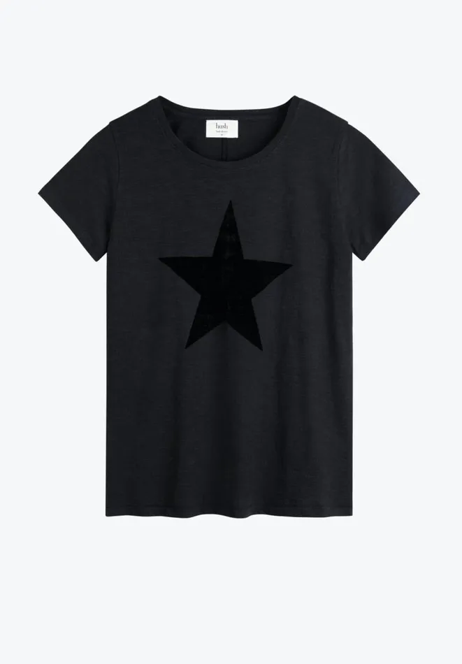 Hush Tops and Tshirts Women Flock Star Cotton T Shirt Black