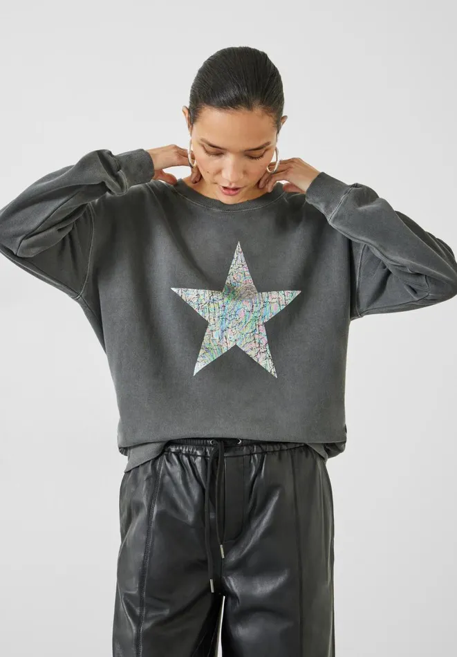 Hush Tops and Tshirts Women Iridescent Star Relaxed Sweat Washed Black