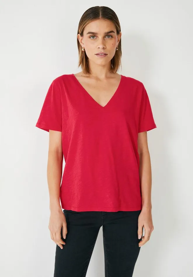Hush Tops and Tshirts Women Kali Cotton Slub VNeck TShirt Vibrant Red
