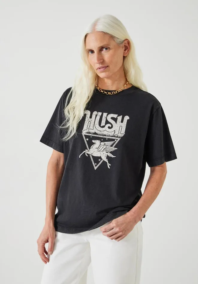 Hush Tops and Tshirts Women Pegasus Oversized Graphic Cotton TShirt Black Onyx